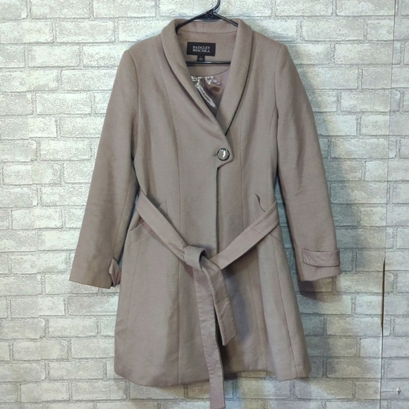 Badgley Mischka Taupe Wool Blend Belted Trench Coat Size Large - Picture 1 of 10